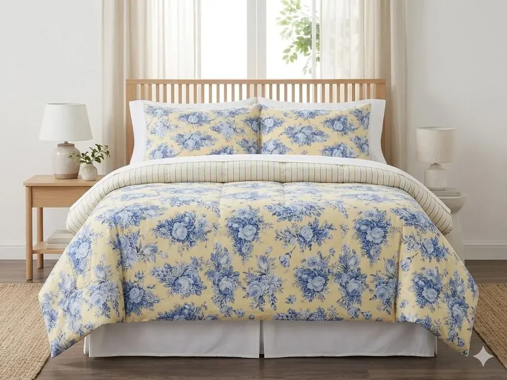 Lauren Ralph Lauren Queen Comforter 2 Pillow Shams Yellow Blue Floral Cotton